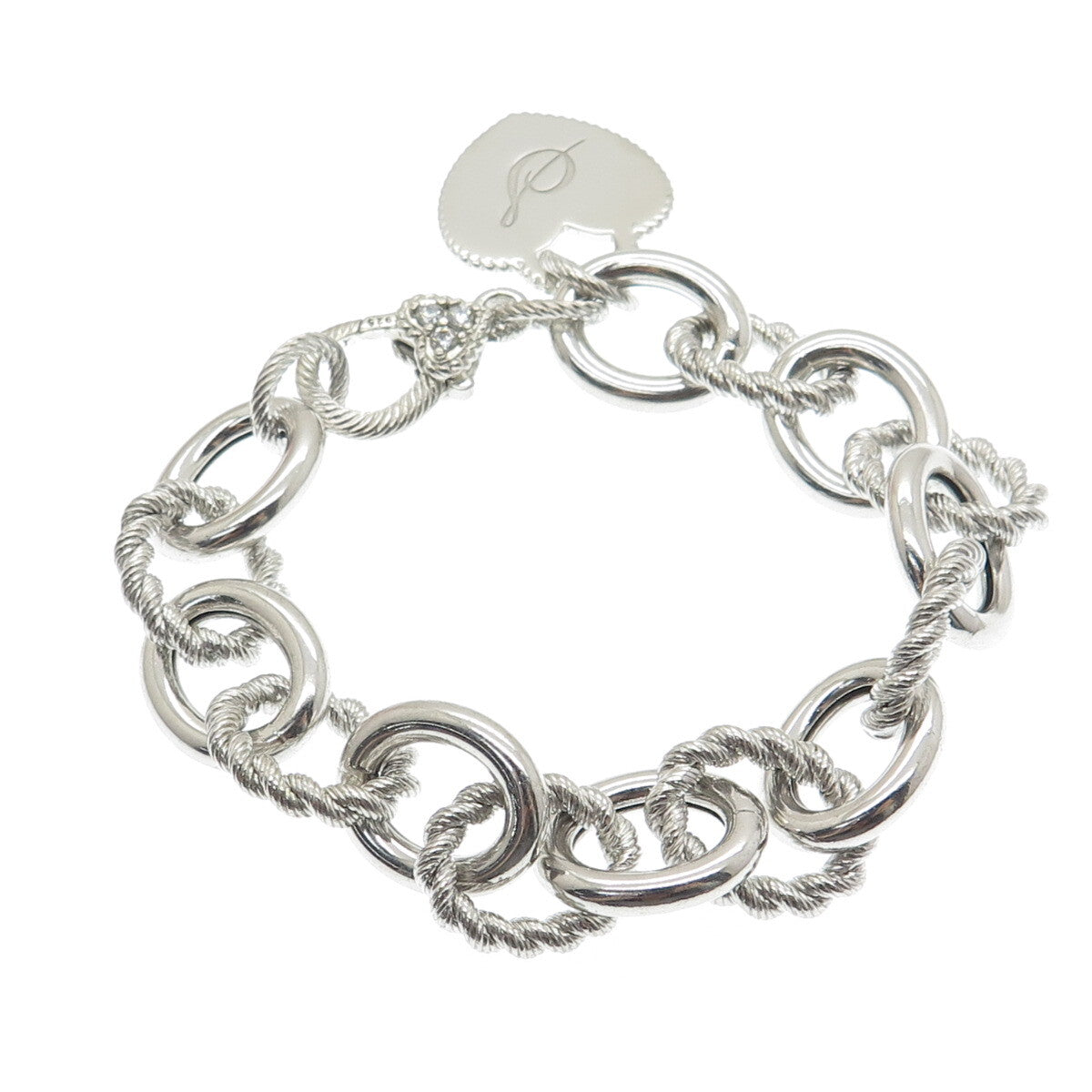 JUDITH RIPKA Sterling Silver C Z Letter "S" Heart Tag Oval Link Bracelet 7.75"