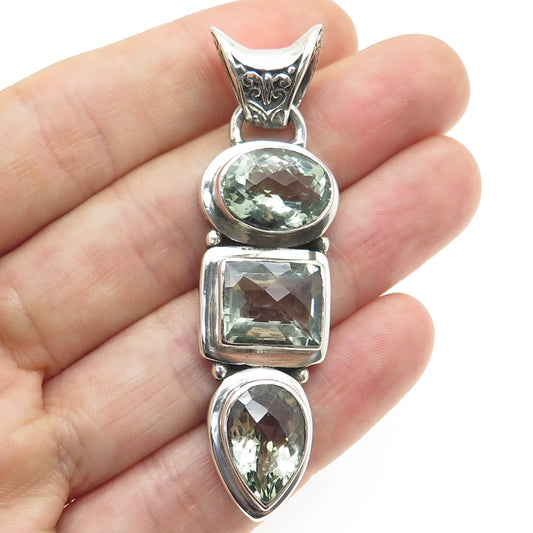 925 Sterling Silver Vintage Real Green Amethyst Gemstone Pendant