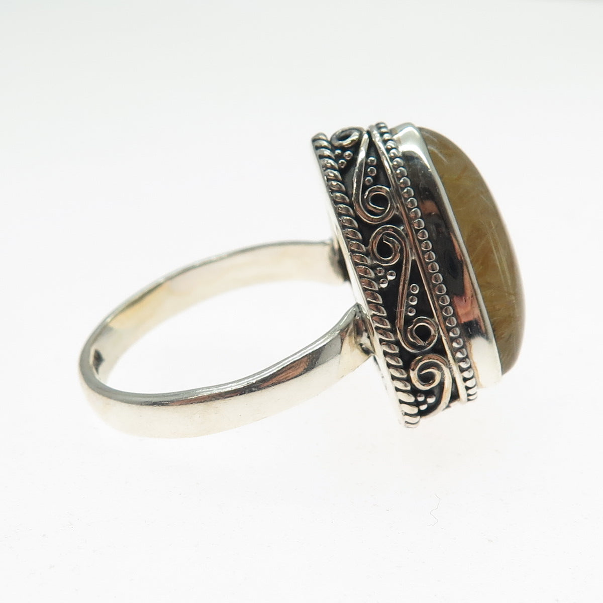 925 Sterling Silver Vintage Real Rutilated Quartz Spiral Oxidized Ring Size 9.75