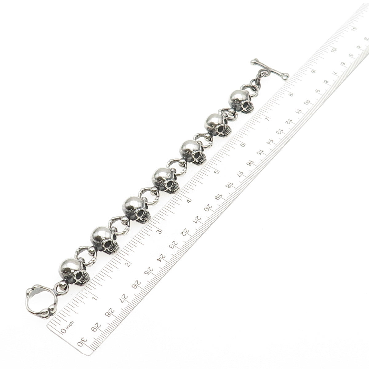 925 Sterling Silver Vintage Skull Link Oxidized Biker Bracelet 7.5"