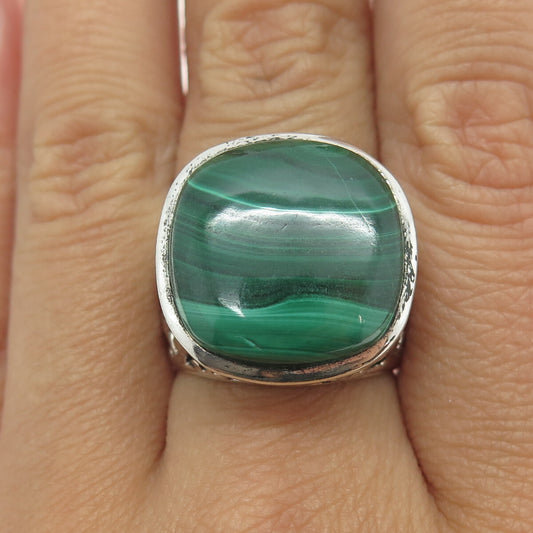 925 Sterling Silver Vintage Real Cabochon Malachite Ornate Ring Size 7.75