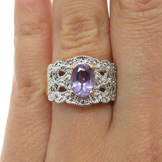 925 Sterling Silver 2-Tone Real White Diamond & Amethyst Gemstone Ring Size 7