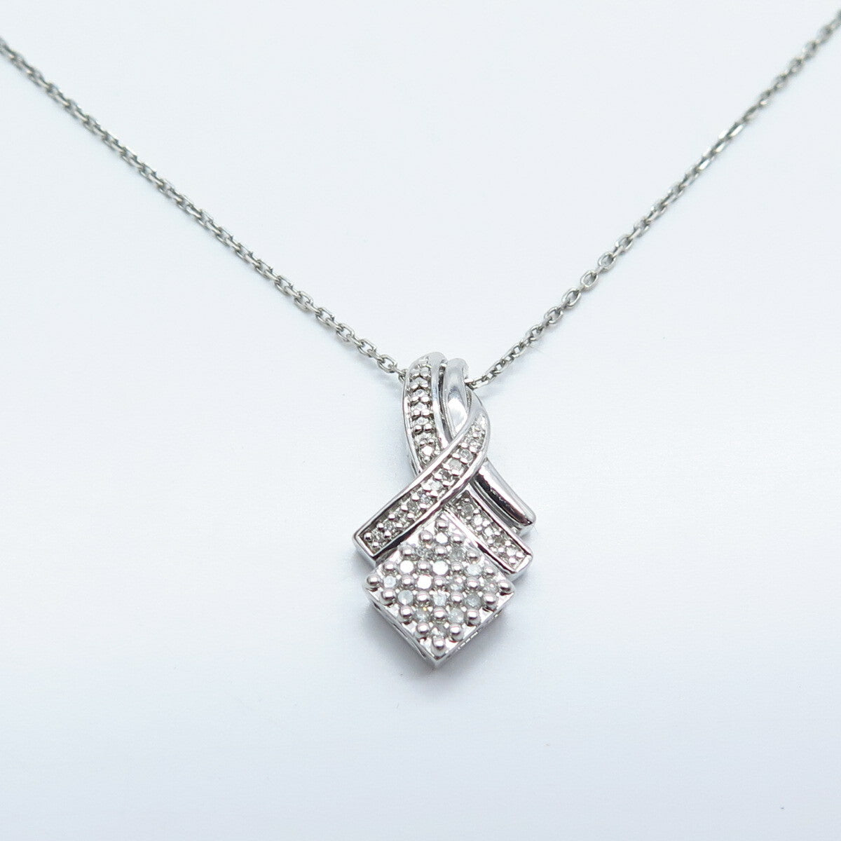 925 Sterling Silver Italy Real White Diamond Ribbon Rolo Chain Necklace 17"