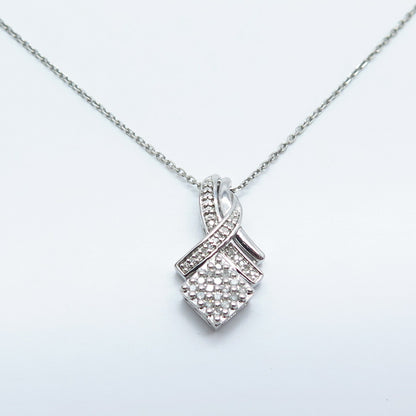 925 Sterling Silver Italy Real White Diamond Ribbon Rolo Chain Necklace 17"