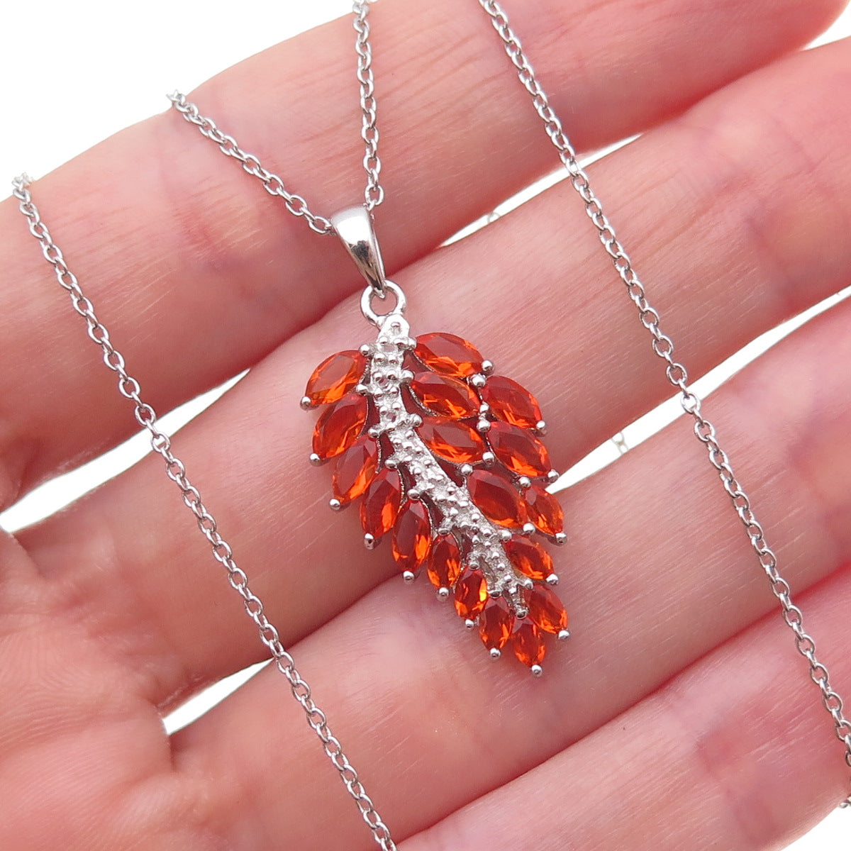 925 Sterling Silver Real Fire Opal & White Topaz Floral Cable Chain Necklace 18"