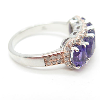 925 Sterling Silver 2-Tone Real Round-Cut Diamond & Amethyst Ring Size 7.25