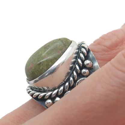 925 Sterling Silver Vintage Real Pear-Cut Unakite Heart Oxidized Ring Size 8.75