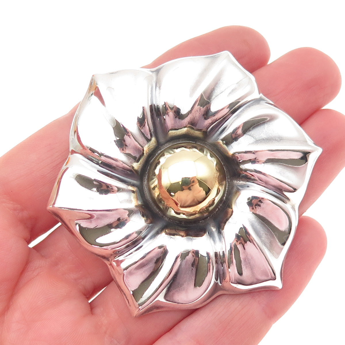 LATON 925 Sterling 2-Tone Vintage Mexico Modernist Flower Pin Brooch / Pendant