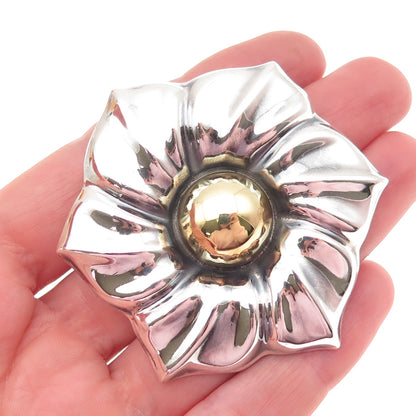 LATON 925 Sterling 2-Tone Vintage Mexico Modernist Flower Pin Brooch / Pendant