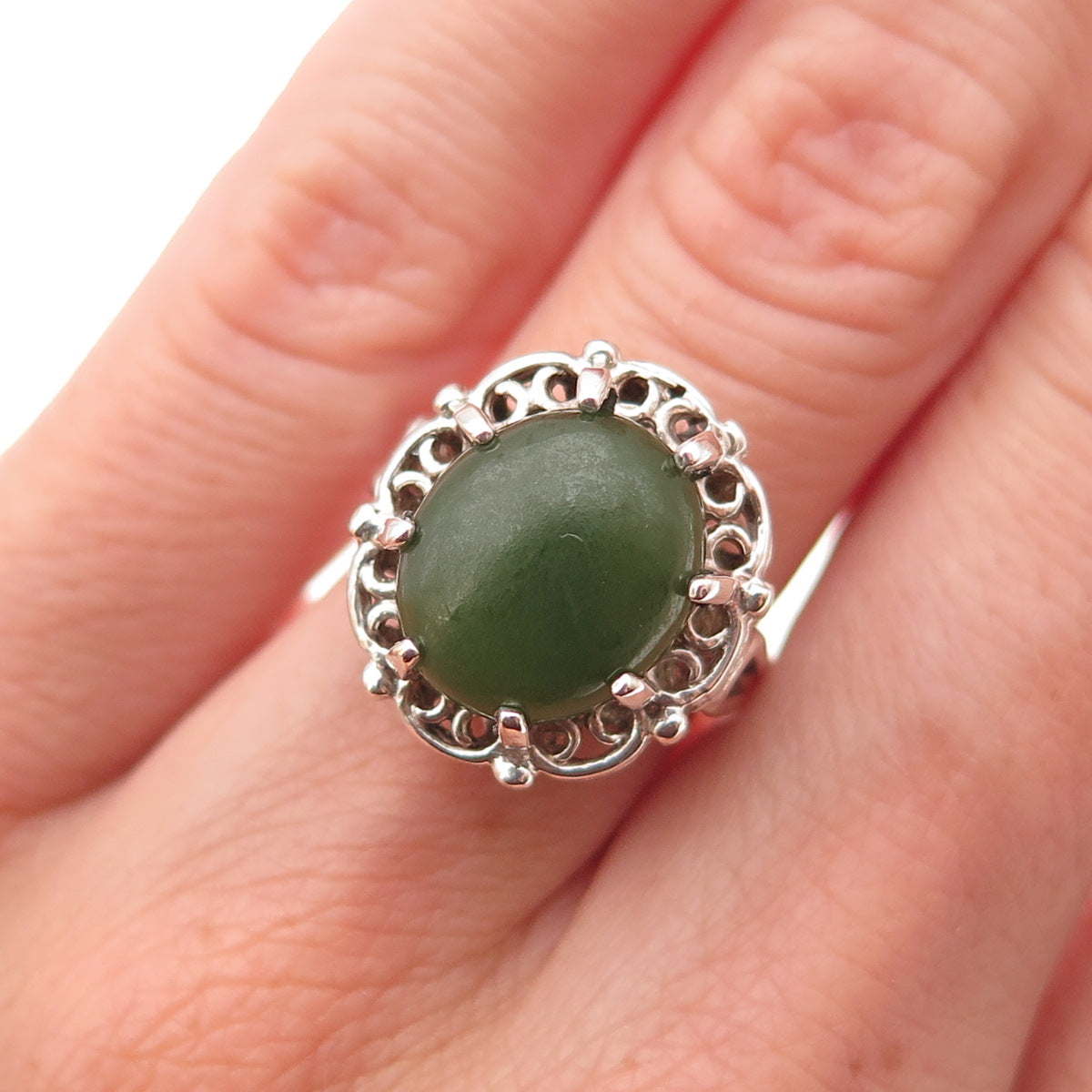 Colett's 925 Sterling Silver Antique Art Deco Real Jade Oxidized Ring Size 4.75