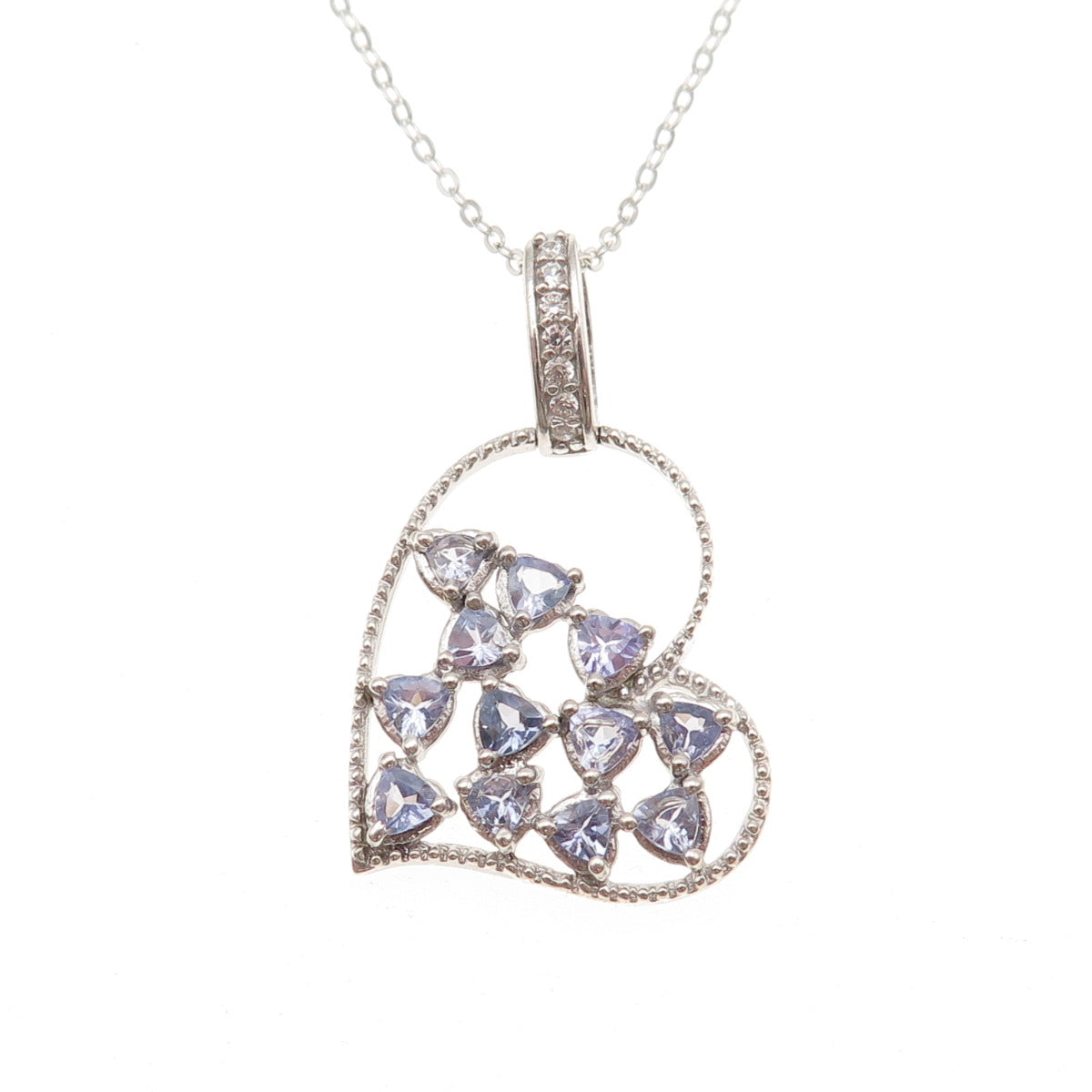 Chuck Clemency 925 Sterling Silver Real Tanzanite White Topaz Heart Necklace 20"