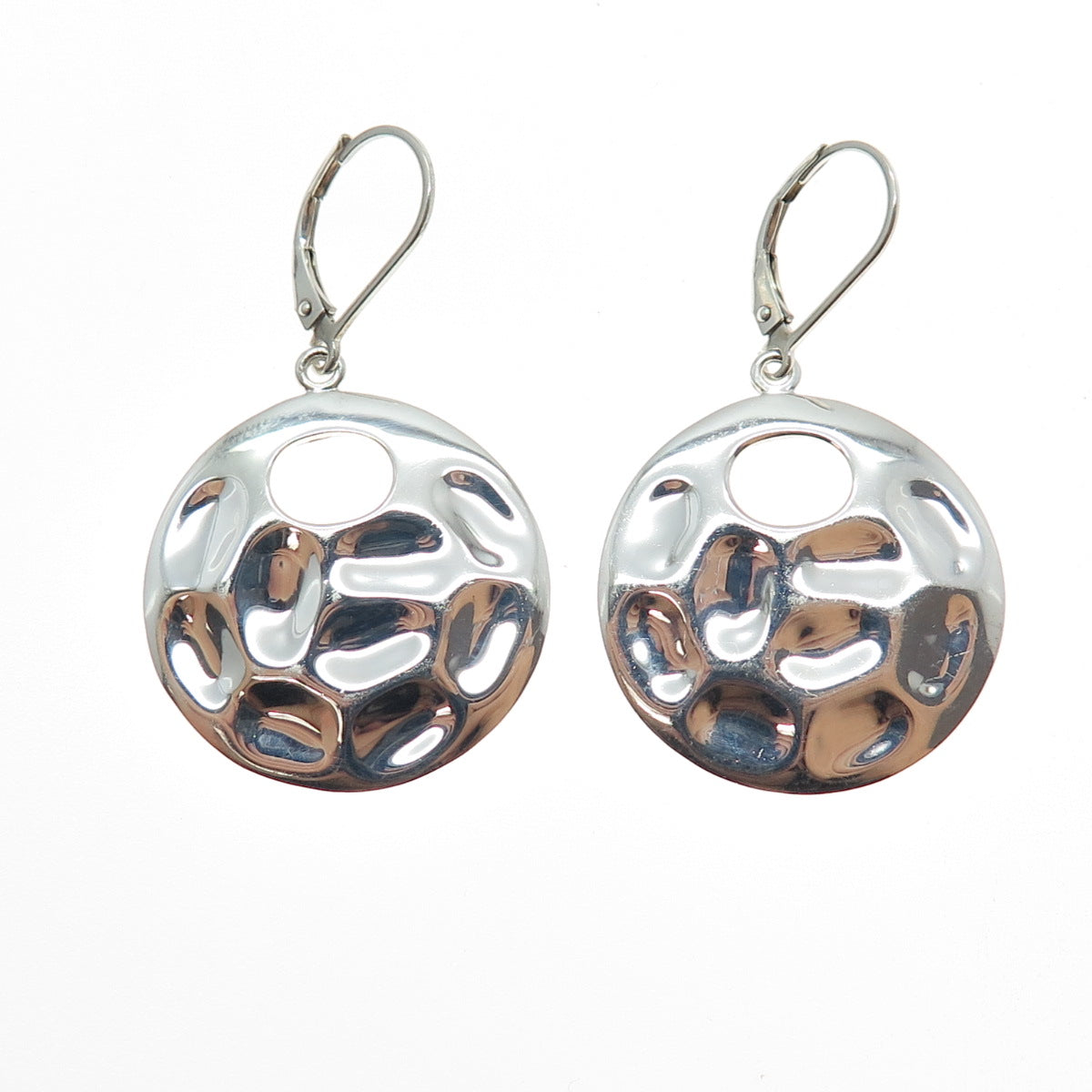 925 Sterling Silver Vintage Modernist Hammered Crescent Disc Dangle Earrings