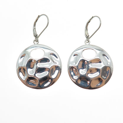 925 Sterling Silver Vintage Modernist Hammered Crescent Disc Dangle Earrings