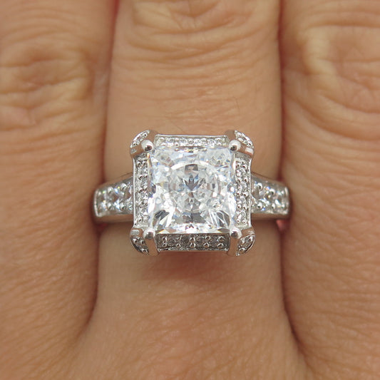 925 Sterling Silver Princess & Round-Cut C Z Engagement Ring Size 8