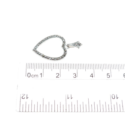 925 Sterling Silver Antique Art Deco Real Marcasite Heart Charm Pendant