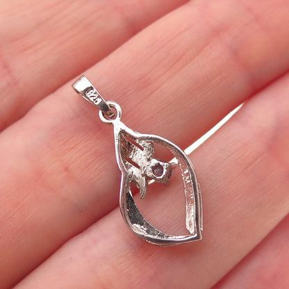925 Sterling Silver Vintage Real Round-Cut Sapphire Floral Charm Pendant