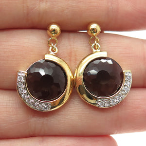 925 Sterling Silver Gold Plated Real Smoky Quartz & C Z Crescent Dangle Earrings
