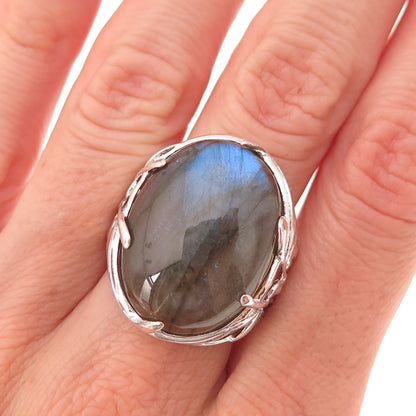 925 Sterling Silver Real Labradorite Floral Ring Size 8.25
