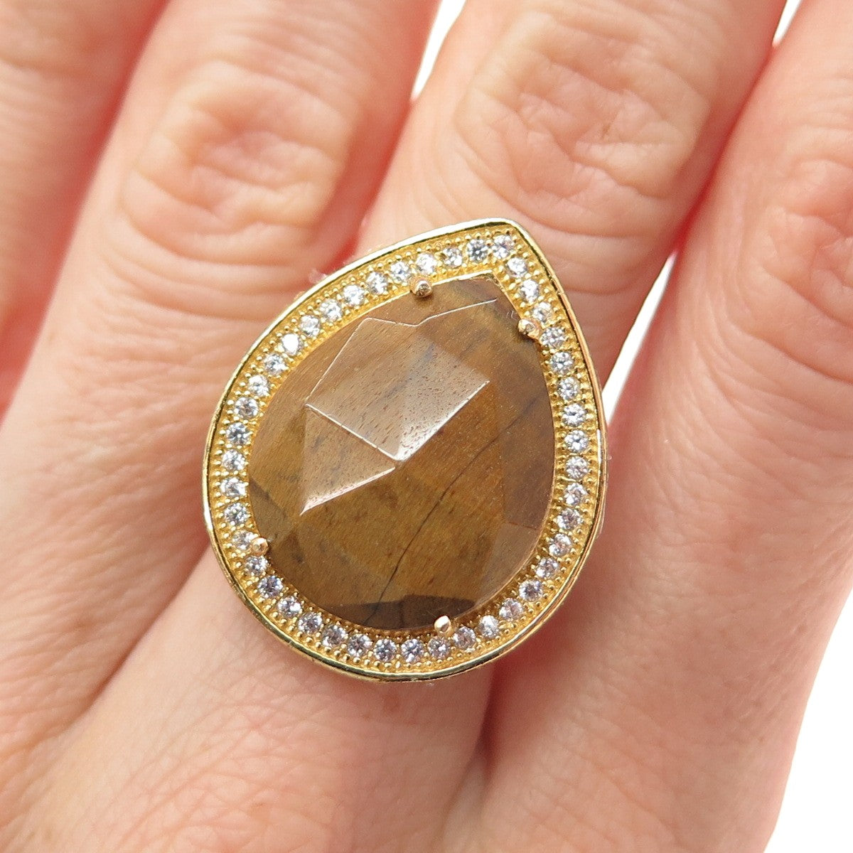 925 Sterling Silver Gold Plated Real Tiger Eye & C Z Teardrop Ring Size 6.5