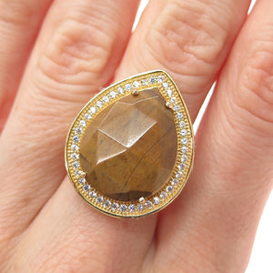 925 Sterling Silver Gold Plated Real Tiger Eye & C Z Teardrop Ring Size 6.5