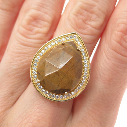 925 Sterling Silver Gold Plated Real Tiger Eye & C Z Teardrop Ring Size 6.5