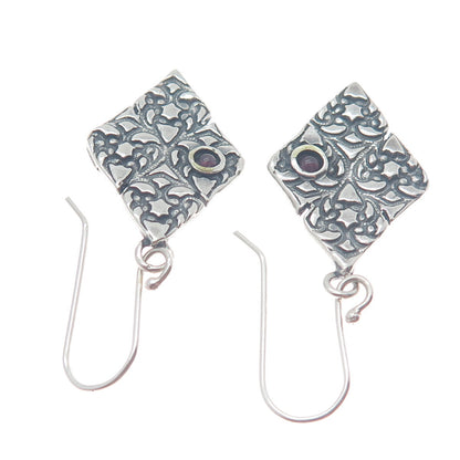 925 Sterling Silver Vintage Real Tourmaline Gem Floral Ornate Oxidized Earrings