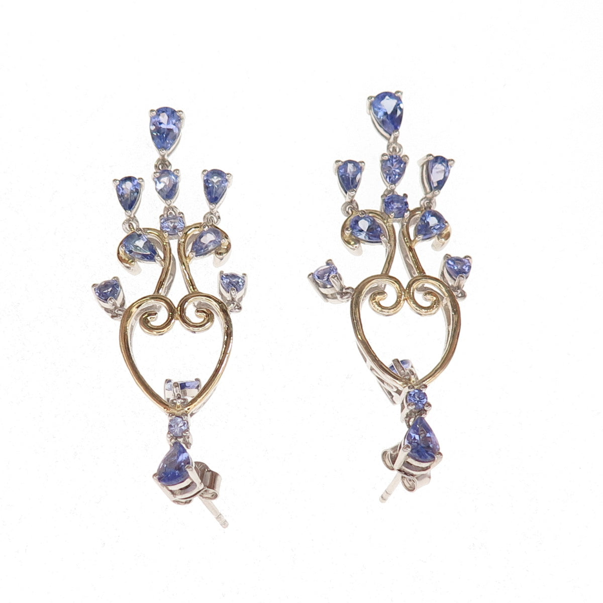 Chuck Clemency 925 Sterling Silver 2-Tone Real Tanzanite Heart Dangle Earrings