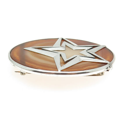 925 Sterling Silver Vintage Real Agate Star Solid 41.9g Pin Brooch