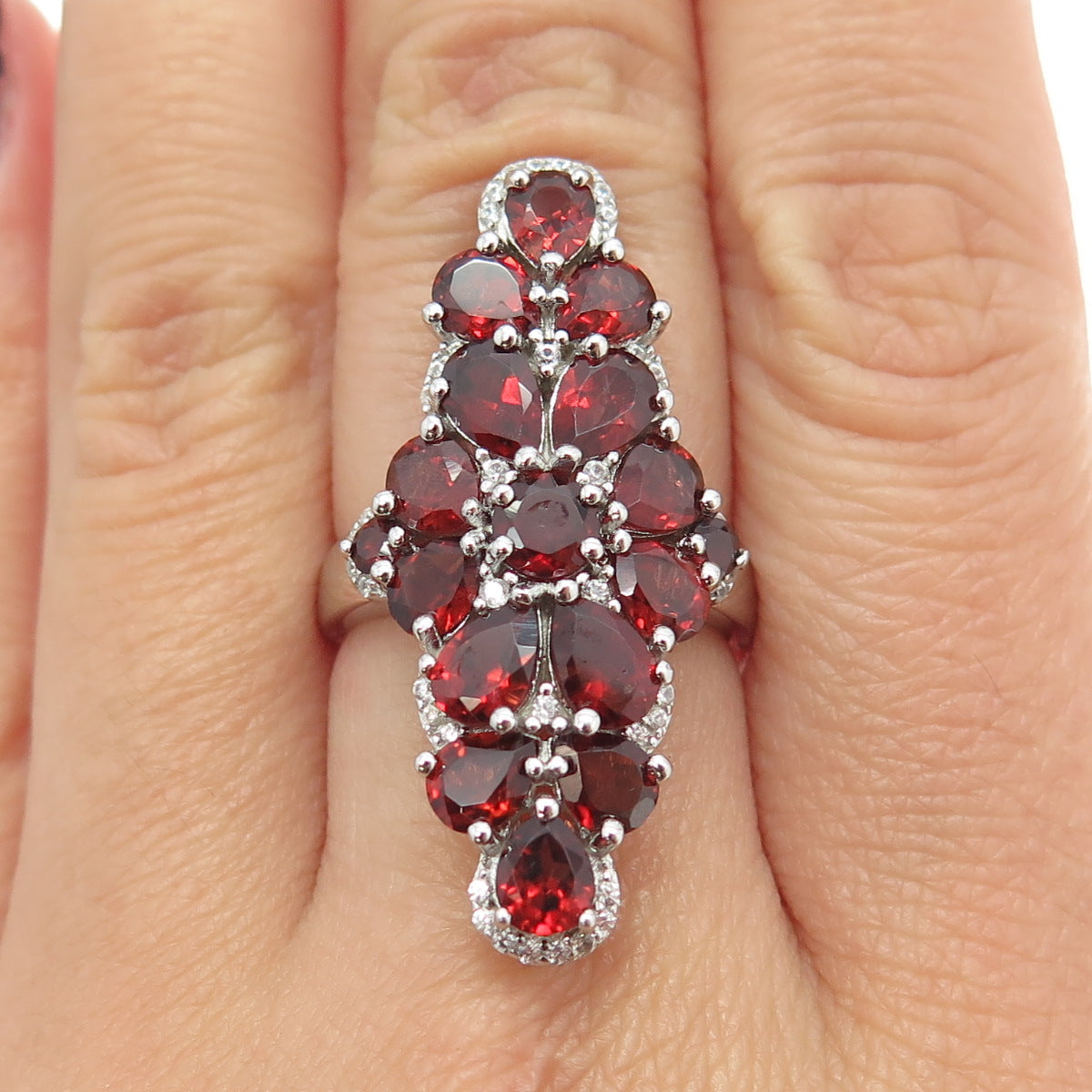 925 Sterling Silver Real White Topaz & Red Garnet Gemstone Statement Ring Size 7