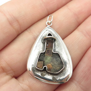 925 Sterling Silver Vintage Israel Real Turquoise & Jasper Pendant
