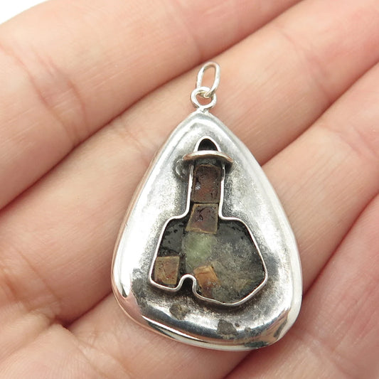 925 Sterling Silver Vintage Israel Real Turquoise & Jasper Pendant
