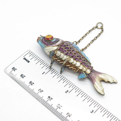 925 Sterling Silver Enamel Antique Chinese Koi Fish Chatelaine Fob