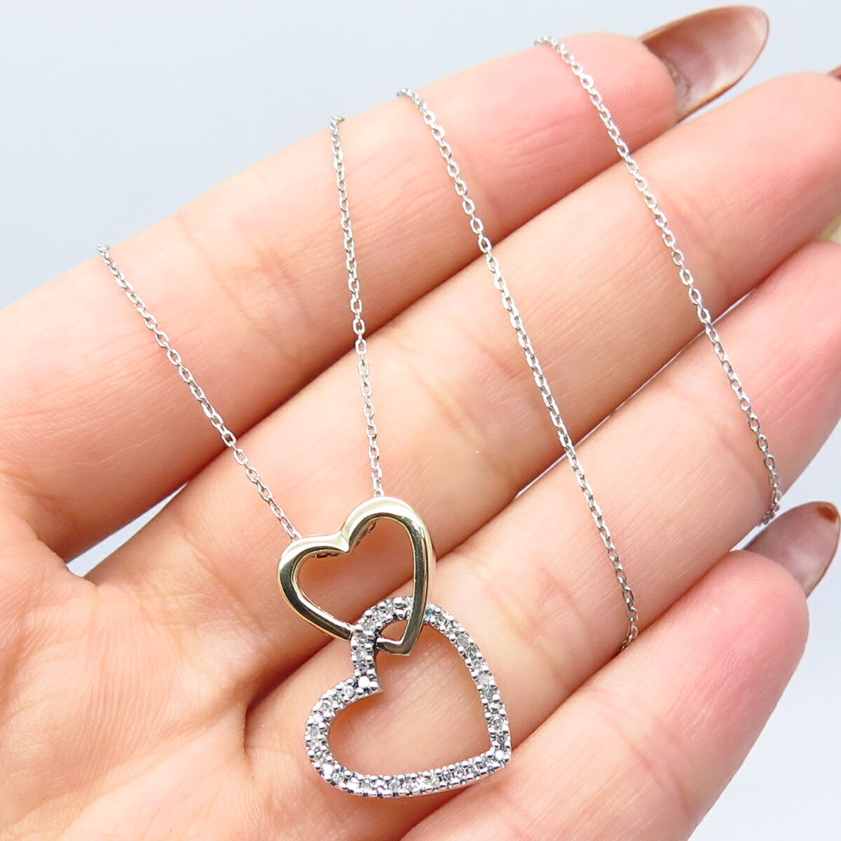 925 Sterling Silver /14K Italy Sun White Diamond Heart Rolo Chain Necklace 17"