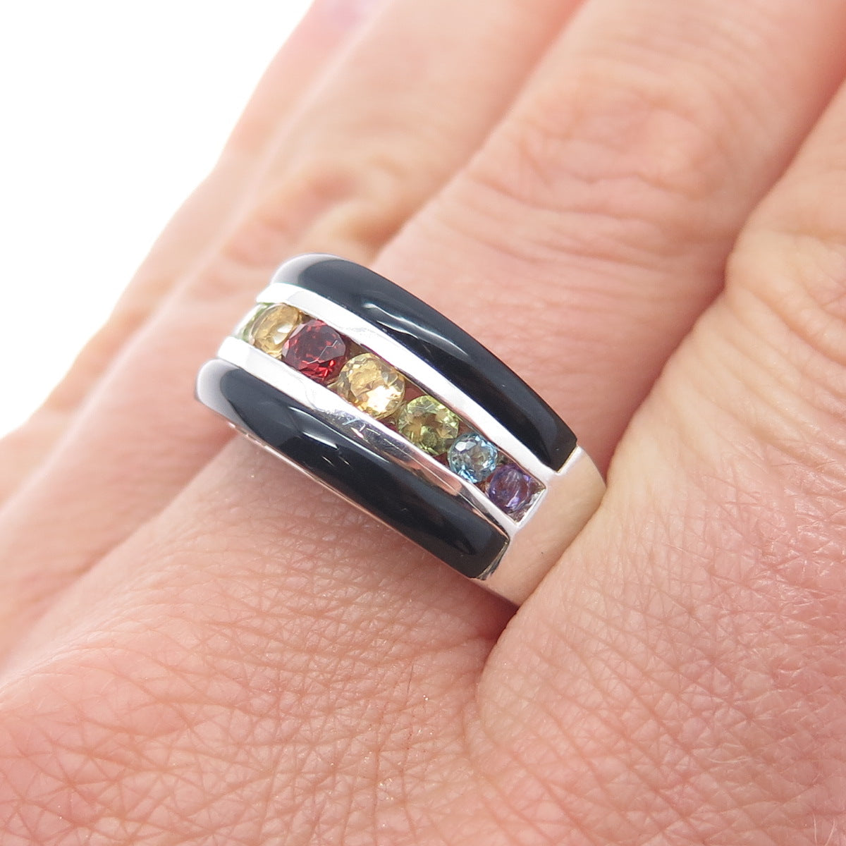 925 Sterling Real Onyx Blue Topaz Citrine Garnet Amethyst Peridot Ring Size 9.25