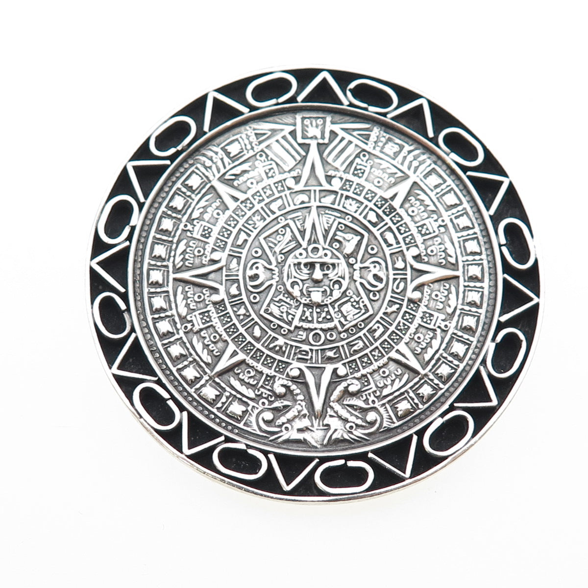 925 Sterling Silver Vintage Mexico Mayan Calendar Oxidized Pin Brooch / Pendant
