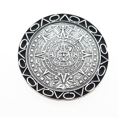 925 Sterling Silver Vintage Mexico Mayan Calendar Oxidized Pin Brooch / Pendant