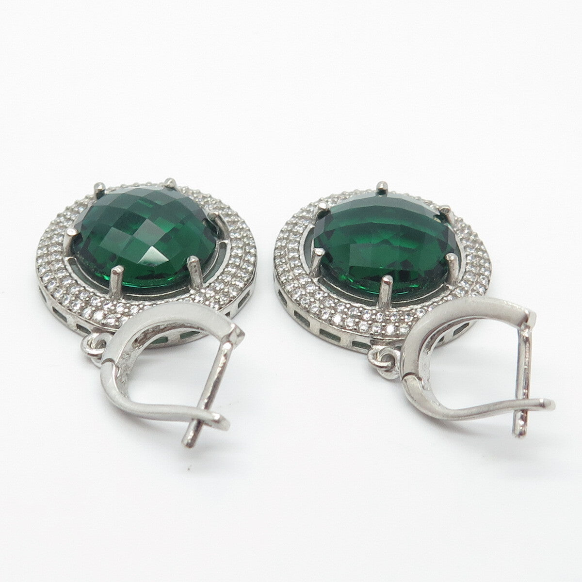 925 Sterling Silver White & Green C Z Dangling Earrings