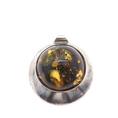 925 Sterling Silver Vintage Real Amber Modernist Oxidized Charm Pendant