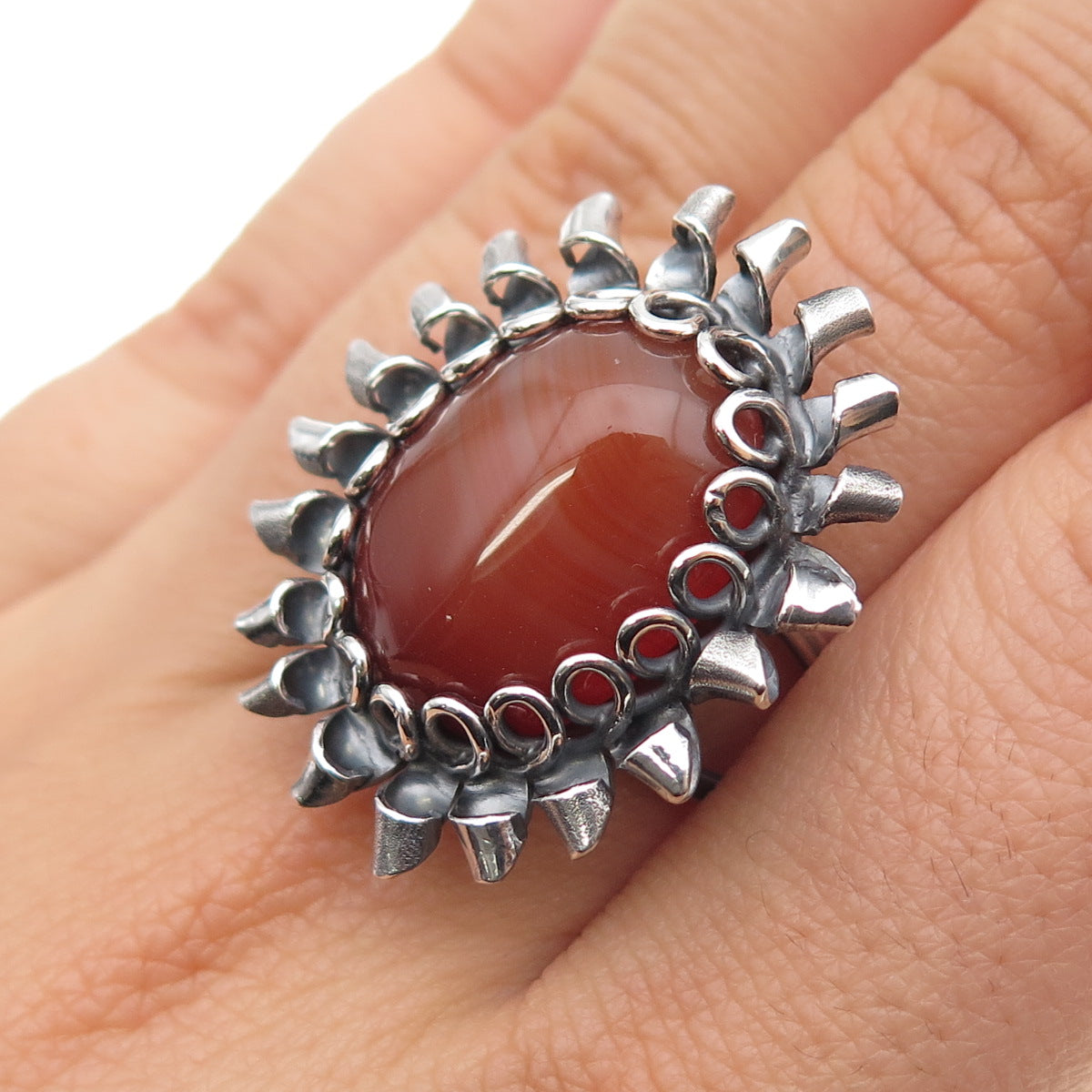 925 Sterling Vintage Brazil Real Agate Modernist Oxidized Adjustable Ring Size 6