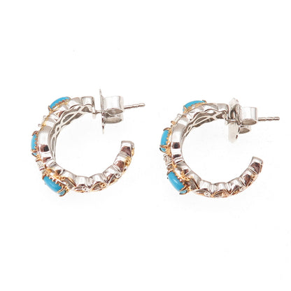 925 Sterling 2-Tone Real Sleeping Beauty Turquoise & White Topaz Hoop Earrings