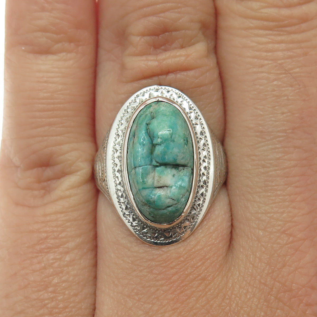 925 Sterling Silver Vintage Real Turquoise Gemstone Tribal Ring Size 6.5