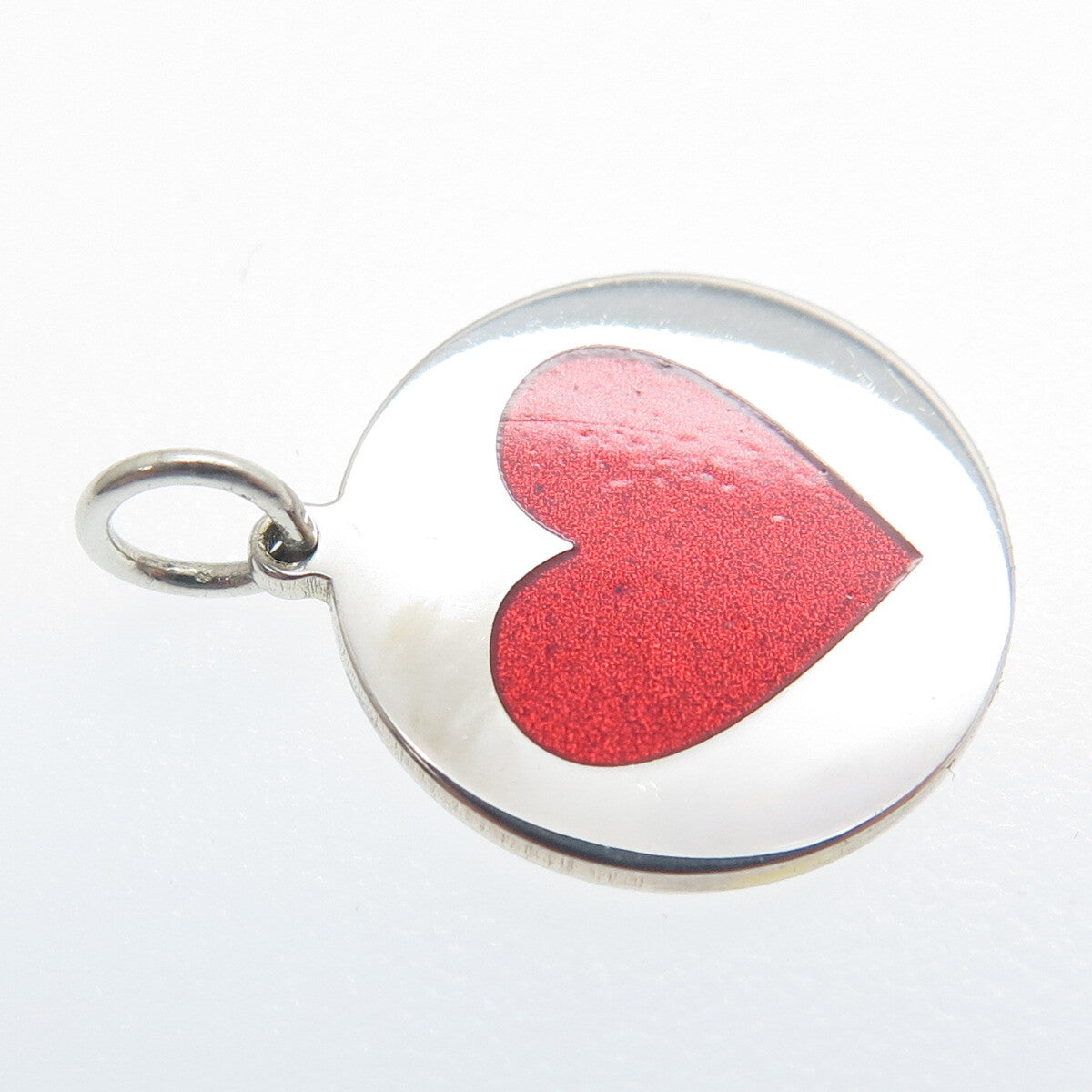 925 Sterling Silver Red Enamel Heart Round Tag Minimalist Charm Pendant