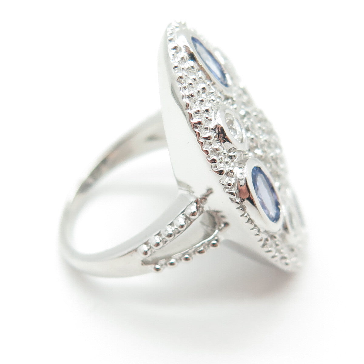 DSMK 925 Sterling Silver White Topaz & Tanzanite Gem Statement Ring Size 7.25