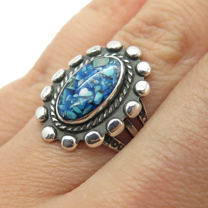 Old Pawn Sterling Silver Vintage Turquoise Inlay Beaded Oxidized Ring Size 6.25