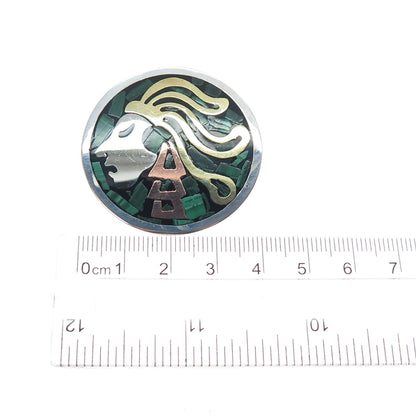 925 Sterling Silver 3-Tone Vintage Mexico Real Malachite Warrior Brooch Pendant