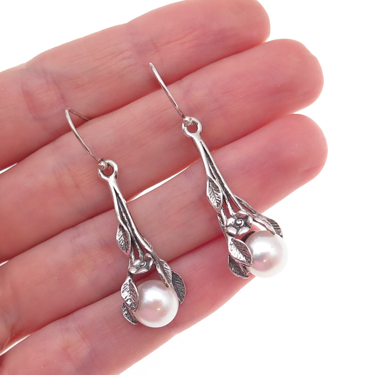 925 Sterling Silver Vintage Israel Real Pearl Floral Oxidized Dangle Earrings
