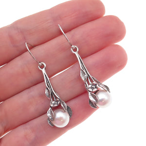 925 Sterling Silver Vintage Israel Real Pearl Floral Oxidized Dangle Earrings