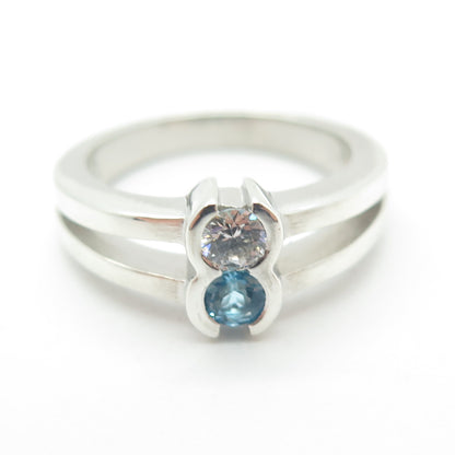 925 Sterling Silver Real Round-Cut Blue Topaz & C Z Modernist Ring Size 6