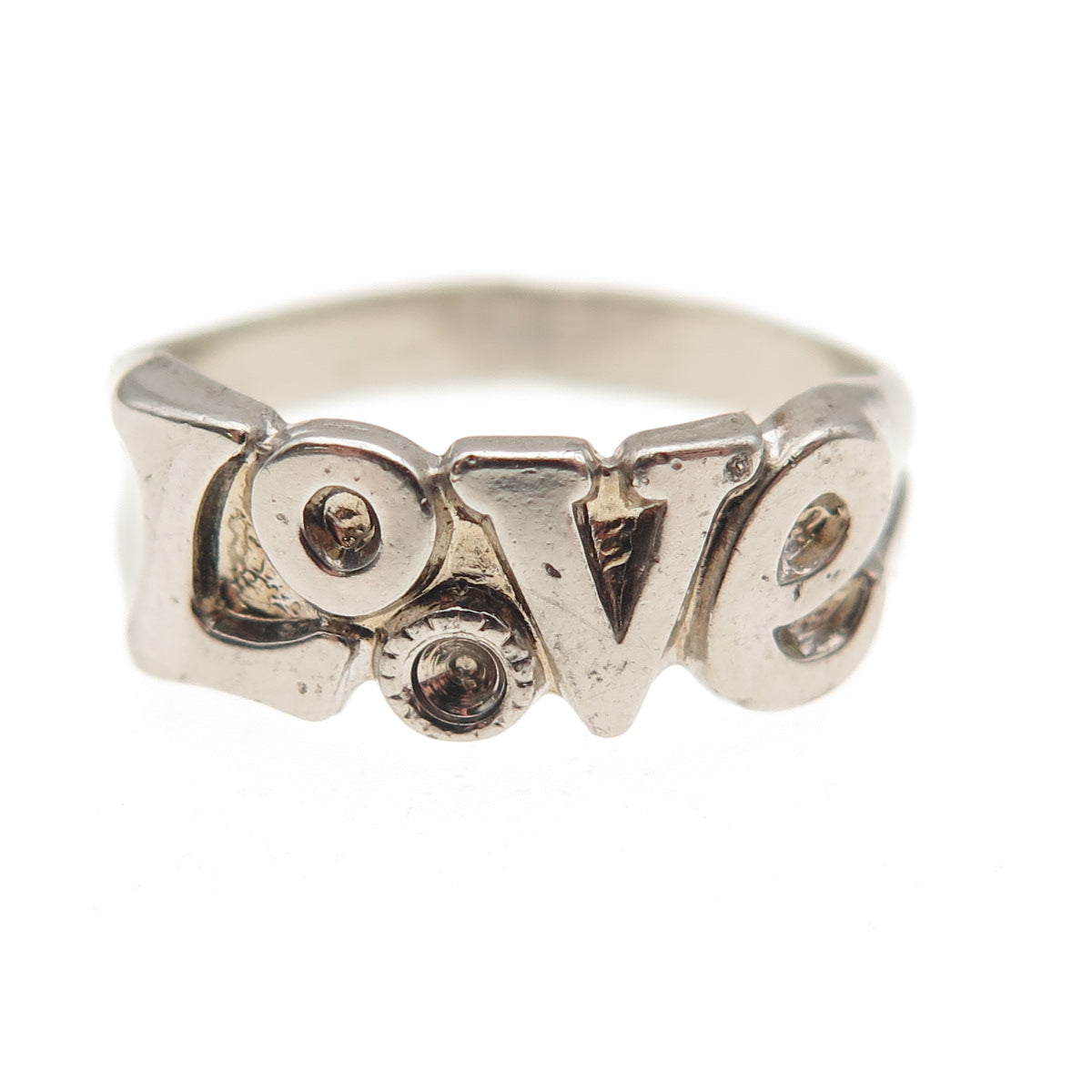 925 Sterling Silver Vintage Love Oxidized Ring Size 5 (missing stone)