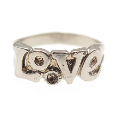 925 Sterling Silver Vintage Love Oxidized Ring Size 5 (missing stone)